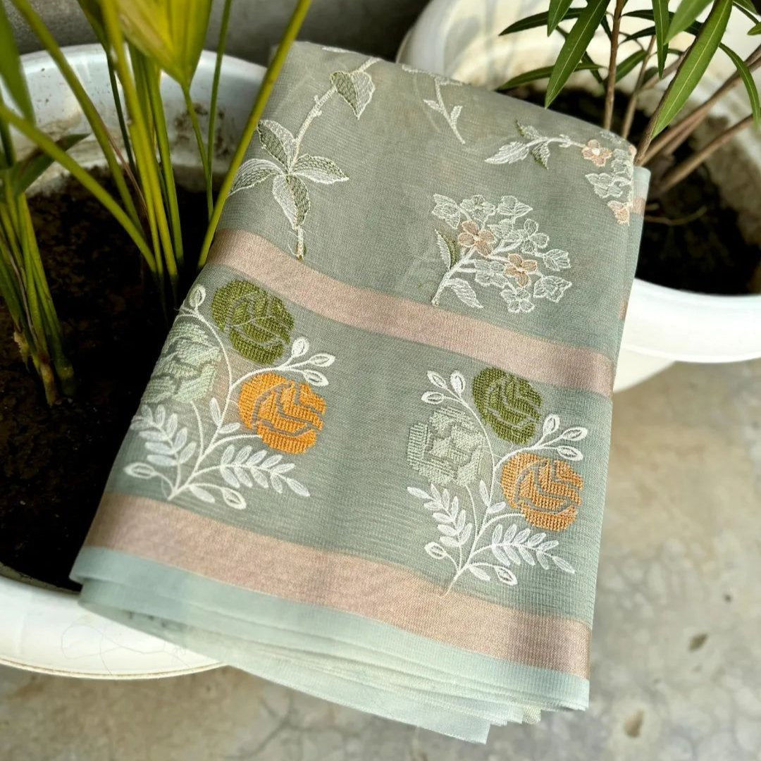 Pasta Green Banarasi Embroidery Tissue Silk Saree