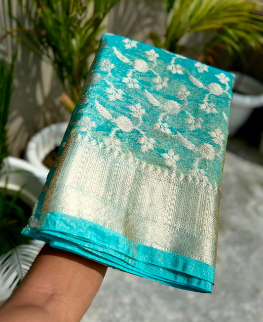 Light Blue Banarasi Crush Tissue Silk Saree