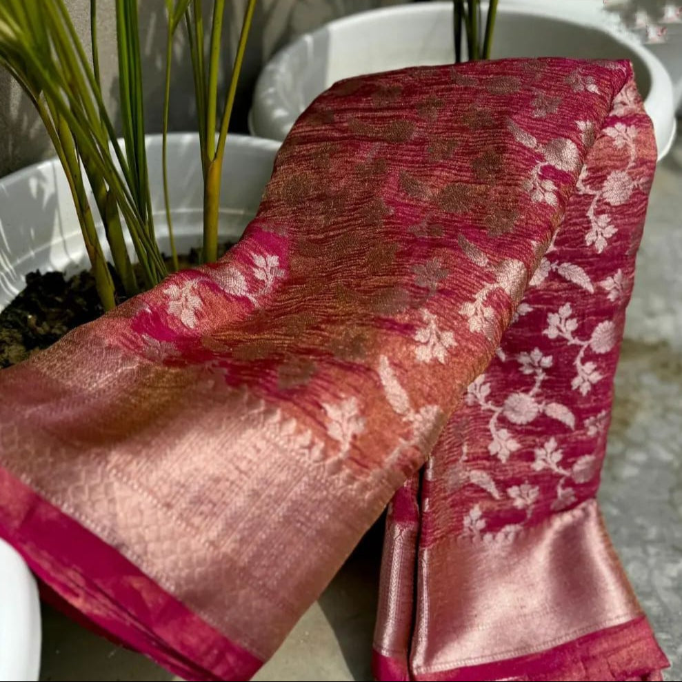 Pink Banarasi Crush Tissue Silk Saree