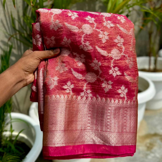 Pink Banarasi Crush Tissue Silk Saree