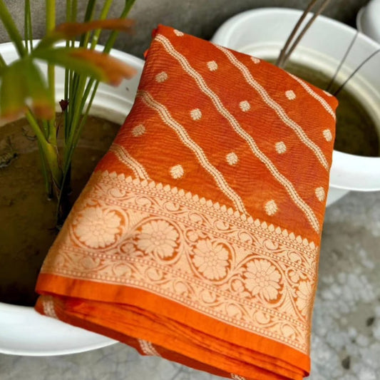 Orange Banarasi Crush Tissue Silk Saree