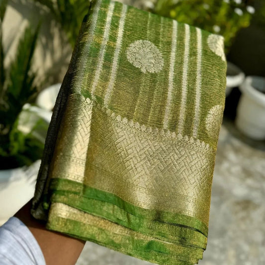 Olive Green Banarasi Crush Tissue Silk Saree