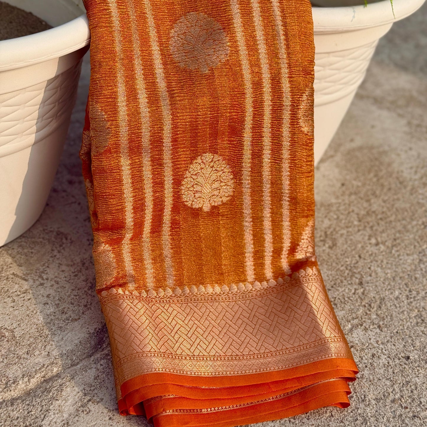 Orange Banarasi Crush Tissue Silk Saree