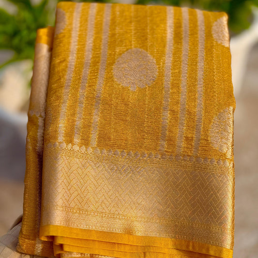 Mustard Yellow Banarasi Crush Tissue Silk Saree