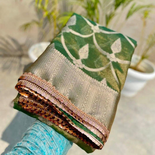 Green Banarasi Tissue Silk Saree With Lace