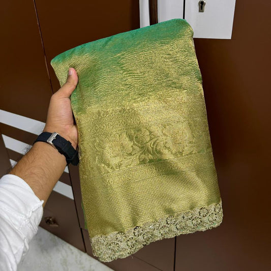 Green Banarasi Tissue Silk Saree With Lace Alna Apparels