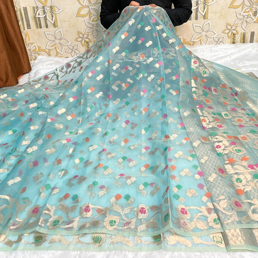 Blue Banarasi Cora Organze Silk Saree Alna Apparels