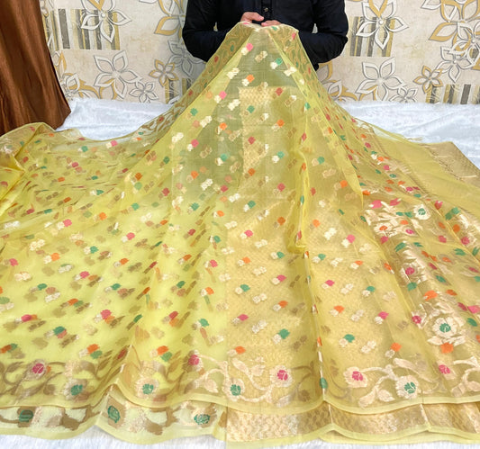 Green Banarasi Kora Organze Silk Saree Alna Apparels